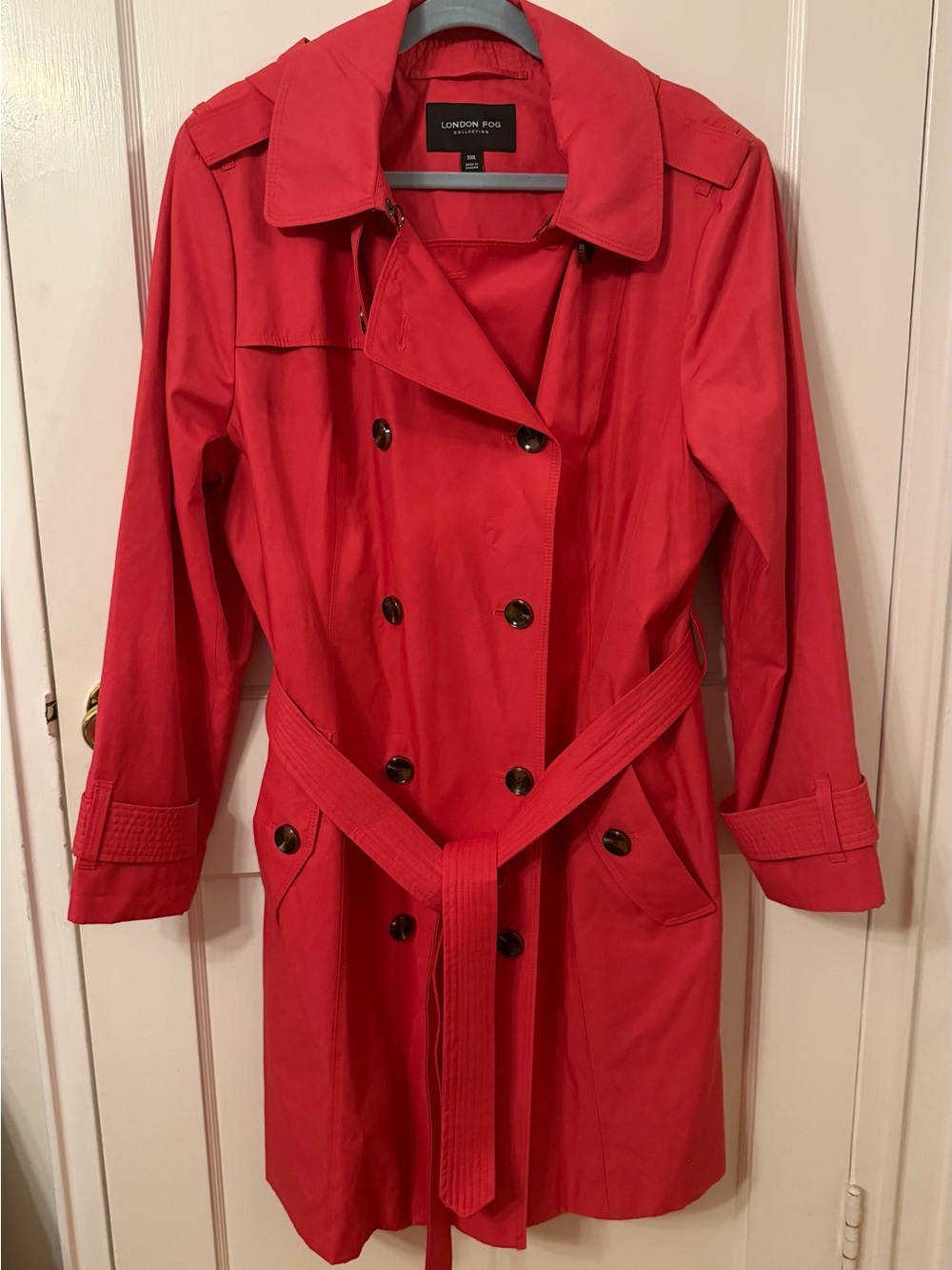 London Fog Coral Red Double-Breasted Trench Coat